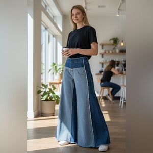 URSIME High-Rise Two-Tone Wide Leg Jeans in Denim Blue